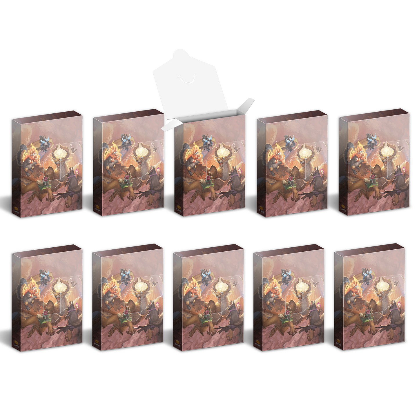 Ten identical boxes featuring fantasy artwork, with one box open in the middle row