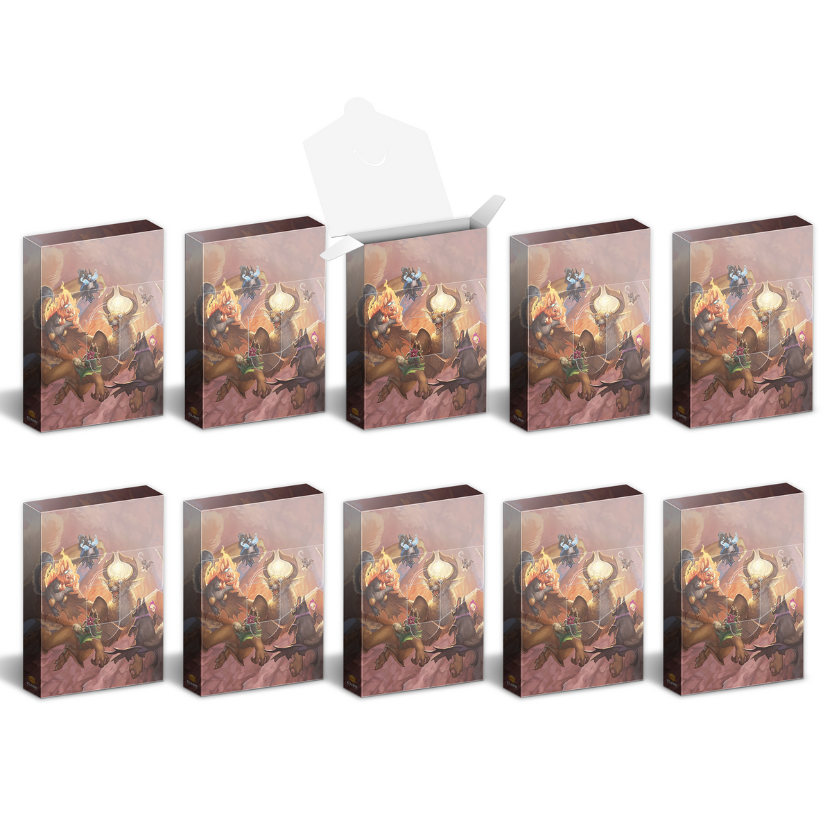 Ten identical boxes featuring fantasy artwork, with one box open in the middle row