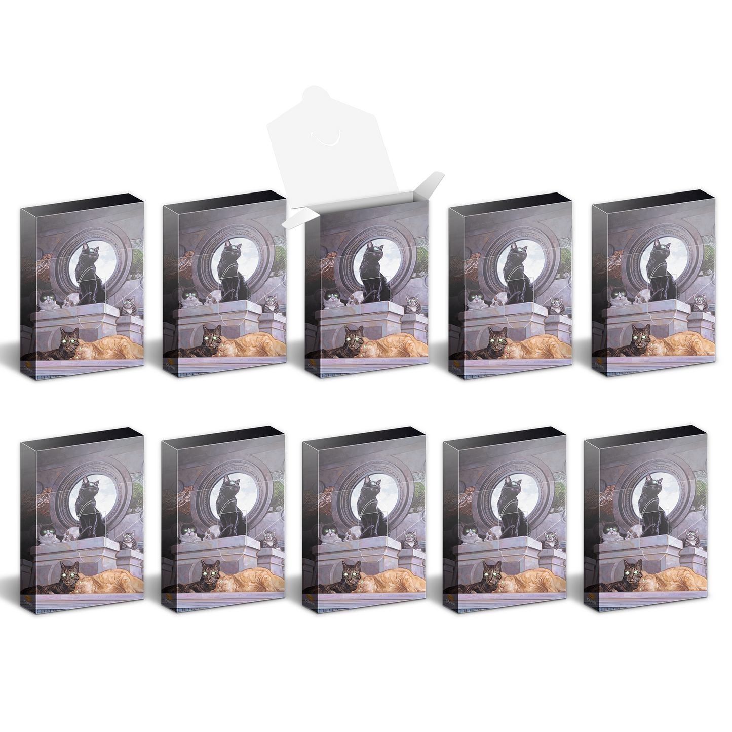 Nine identical boxes, one open, featuring an illustration of a large black cat on a pedestal among other cats with glowing eyes
