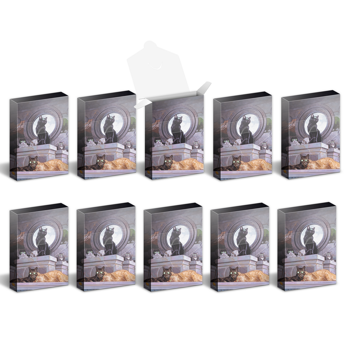 Nine identical boxes, one open, featuring an illustration of a large black cat on a pedestal among other cats with glowing eyes