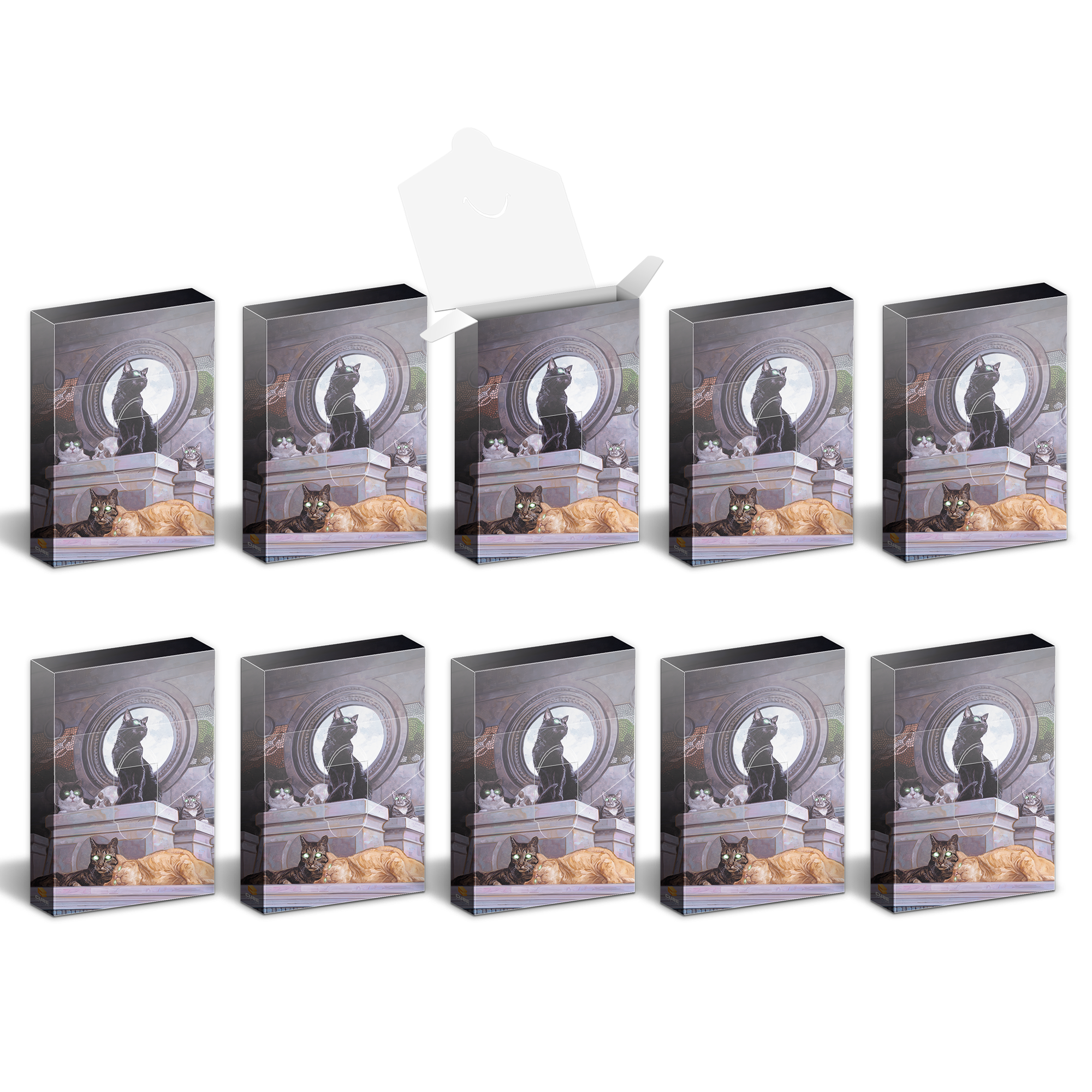 Nine identical boxes, one open, featuring an illustration of a large black cat on a pedestal among other cats with glowing eyes