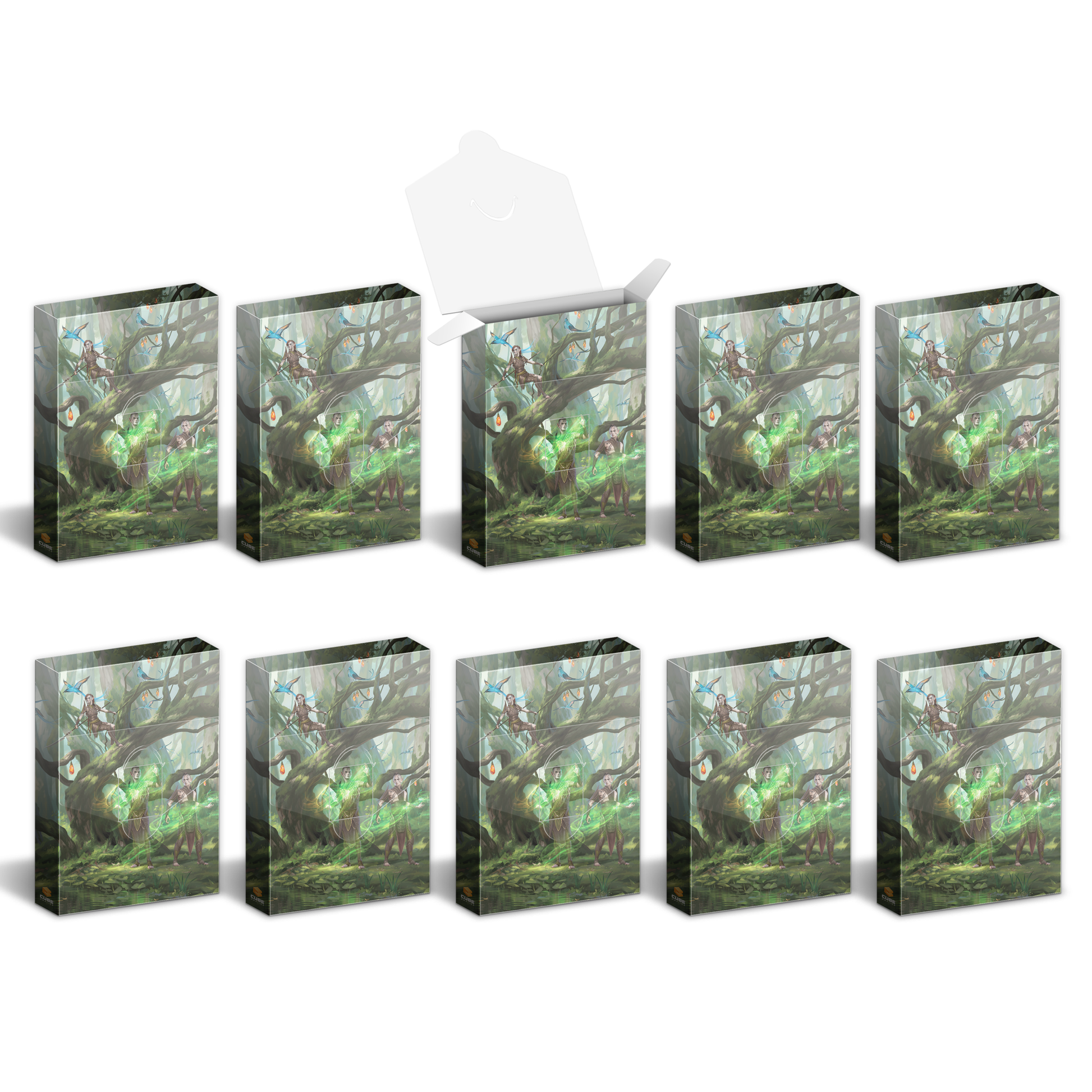 Ten fantasy-themed boxes featuring elves and green magic in a forest 
