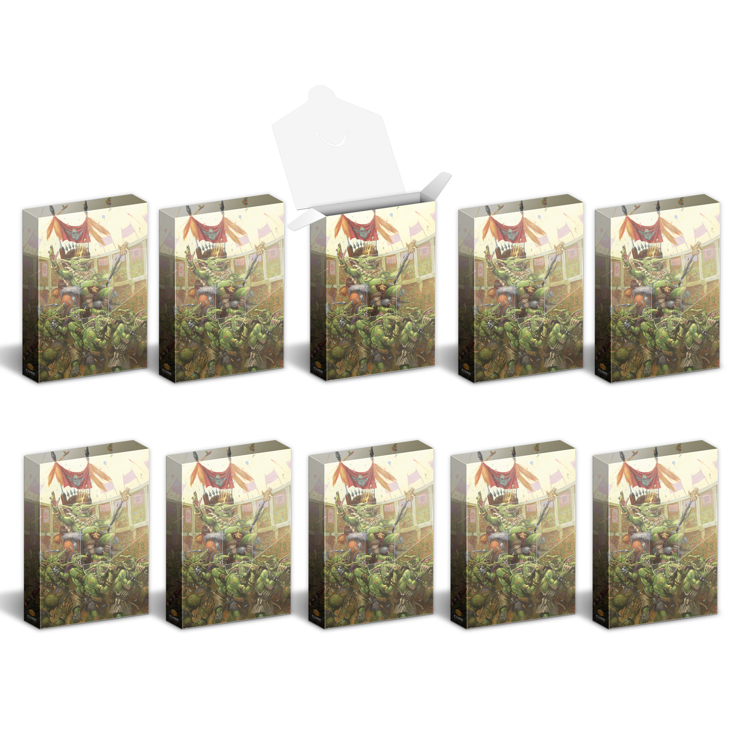 Ten identical boxes with fantasy art depicting a green king and goblins
