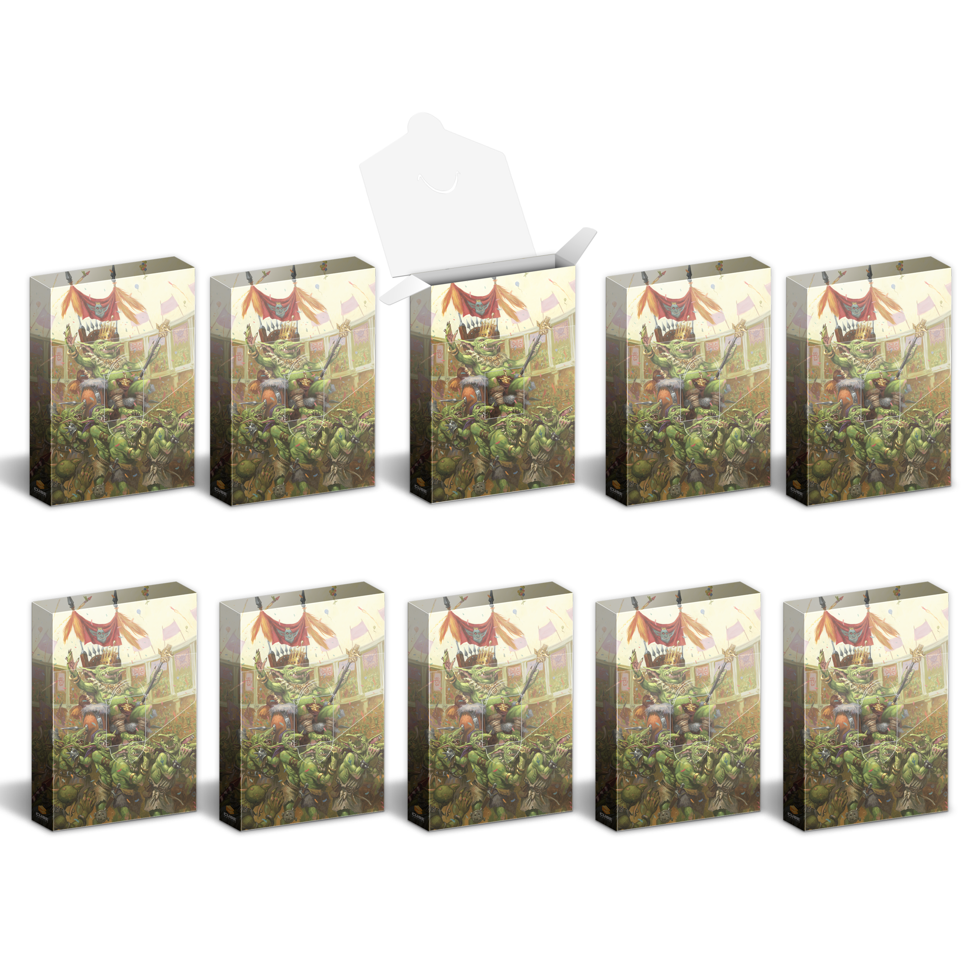 Ten identical boxes with fantasy art depicting a green king and goblins