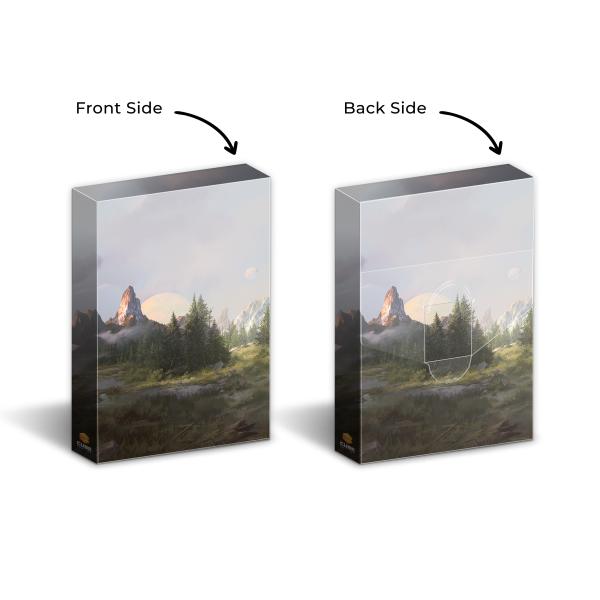 Front and back views of product packaging with fantasy art of mountains, trees, and a moon