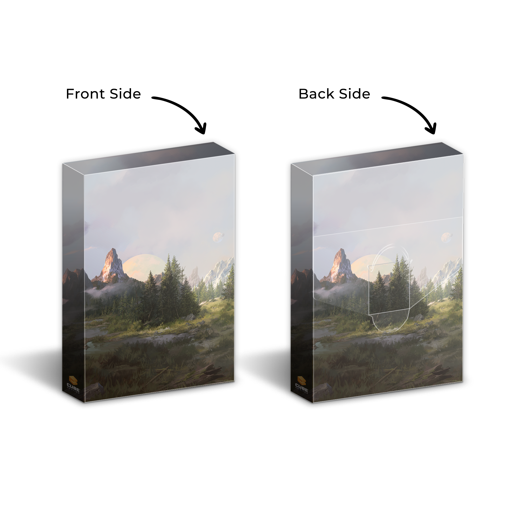 Front and back views of product packaging with fantasy art of mountains, trees, and a moon