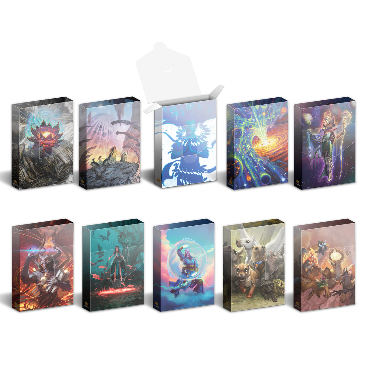 Ten fantasy art storage boxes, one open, showing its white interior