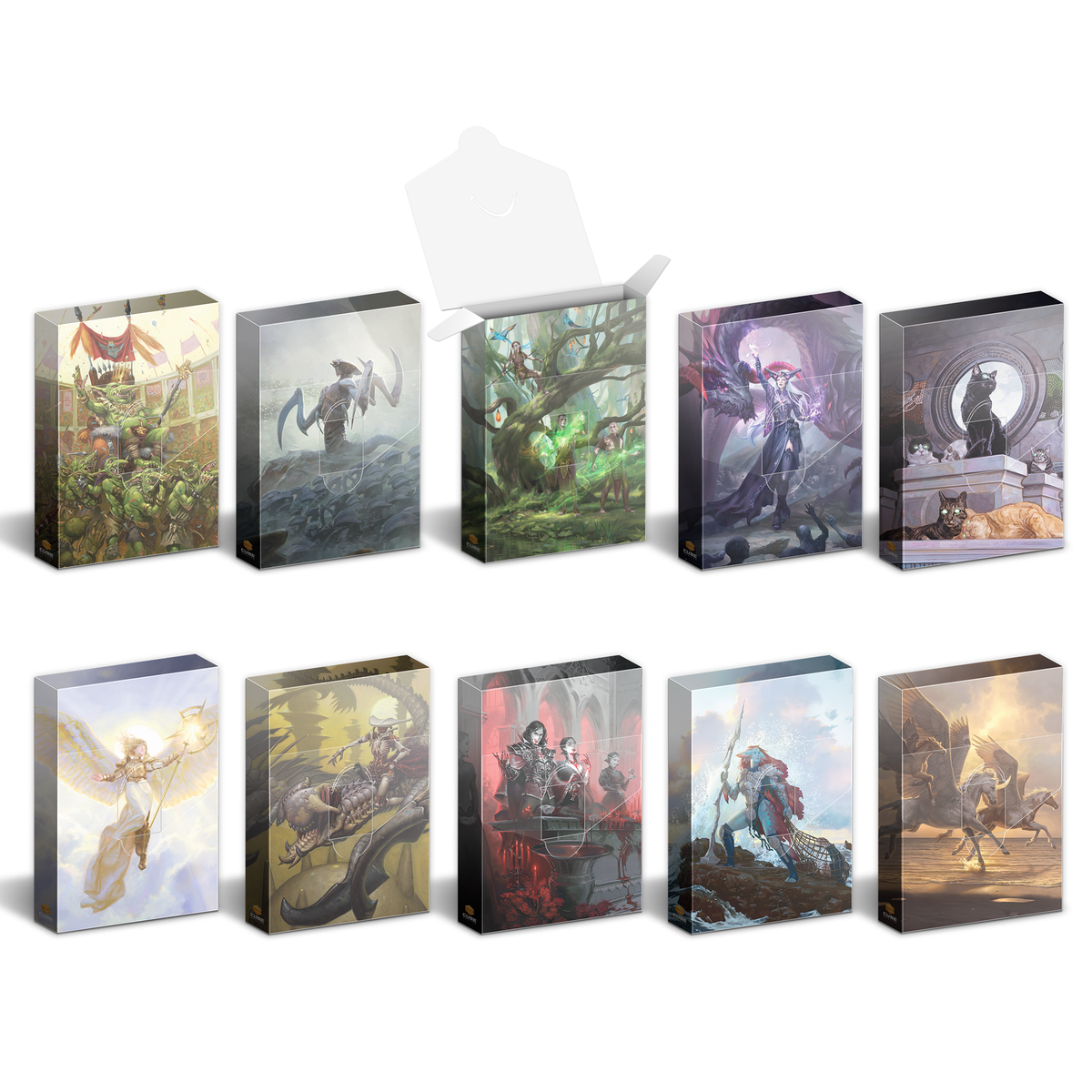 Ten fantasy art game boxes are arranged in two rows, one box open revealing a blank interior