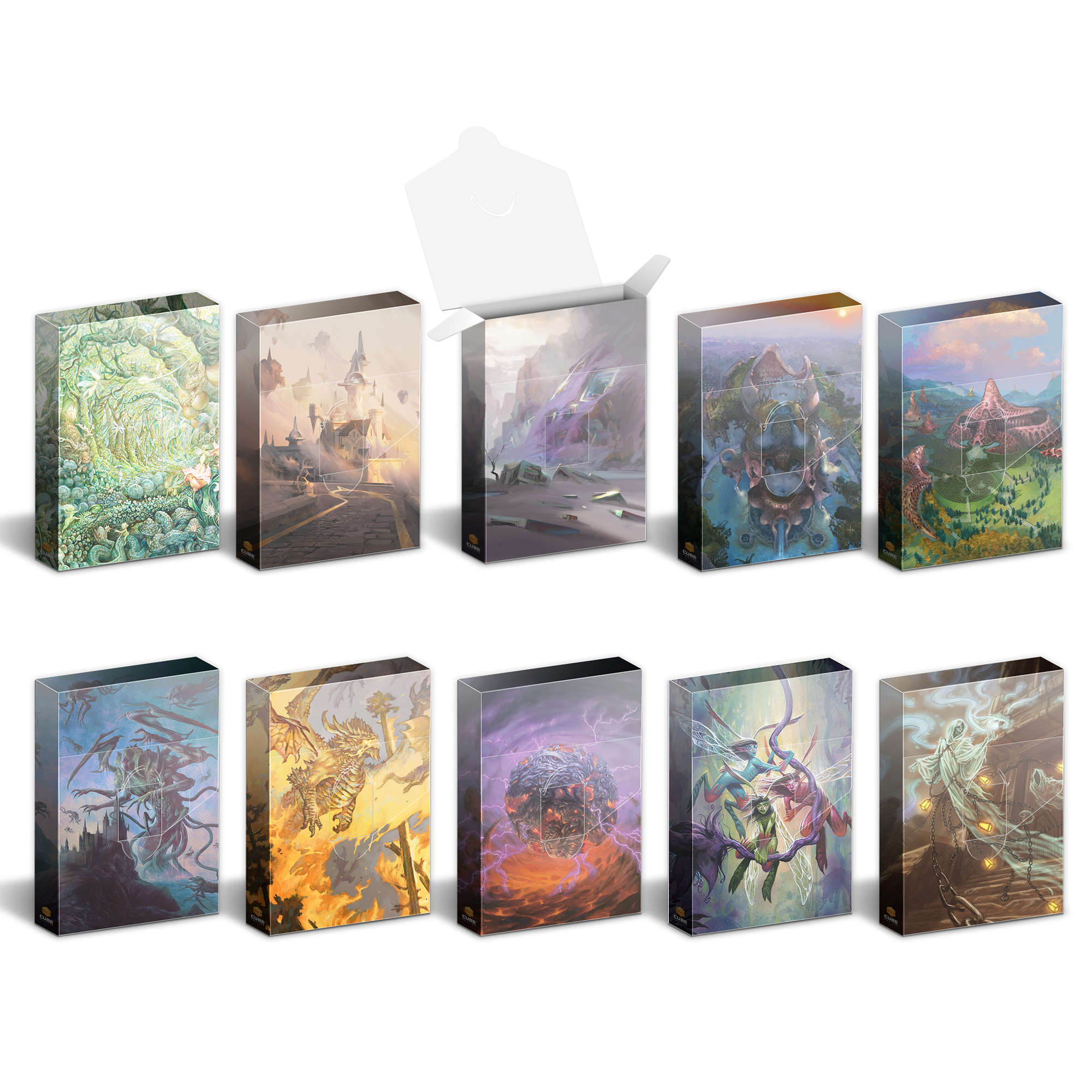 Ten fantasy art deck boxes, one open revealing its white interior, arranged in two rows