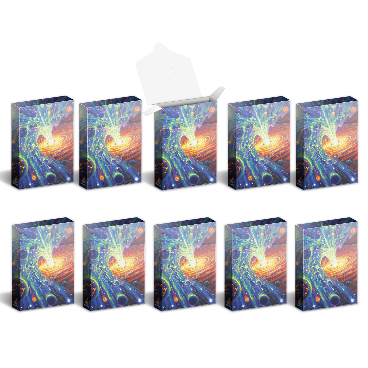 Ten vibrant boxes, one open, display abstract cosmic art: a swirling galaxy, planets, and nebulae