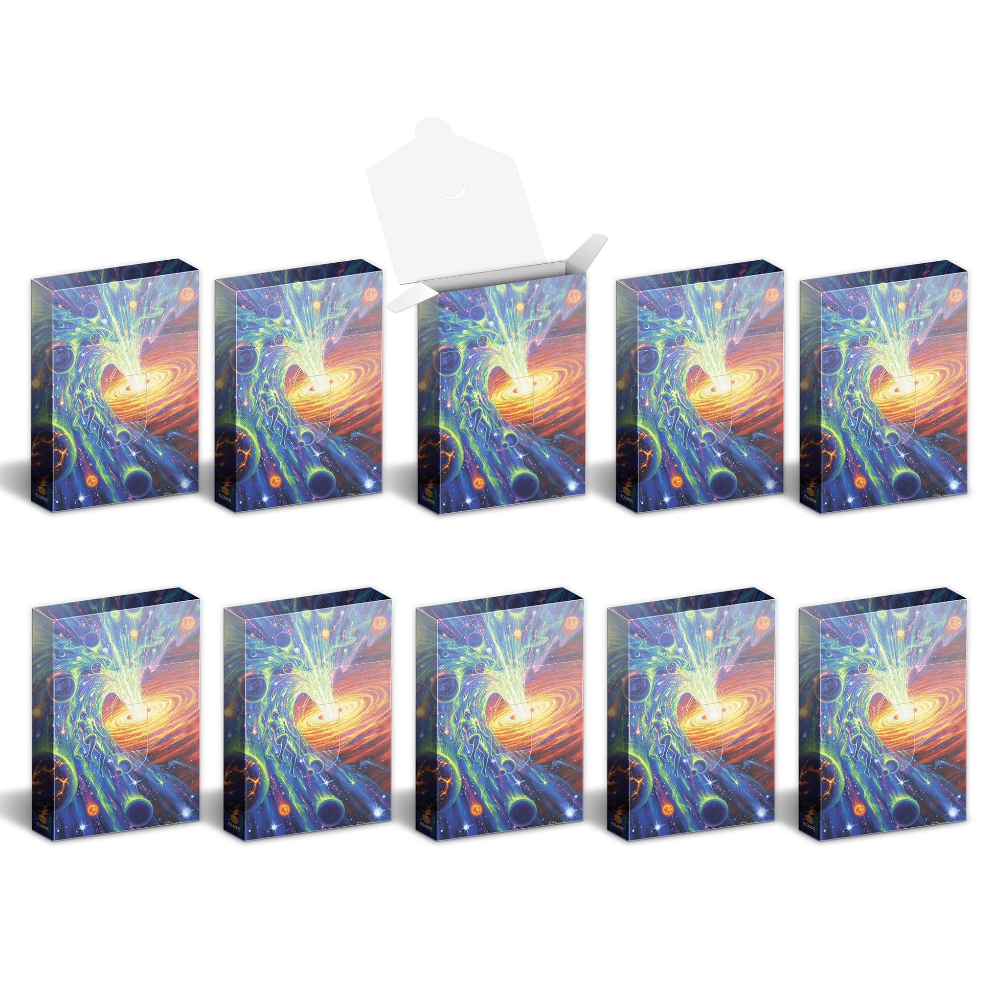 Ten vibrant boxes, one open, display abstract cosmic art: a swirling galaxy, planets, and nebulae
