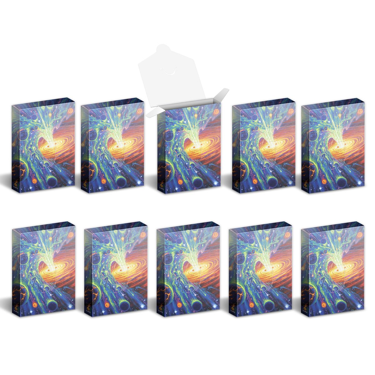 Ten vibrant boxes, one open, display abstract cosmic art: a swirling galaxy, planets, and nebulae