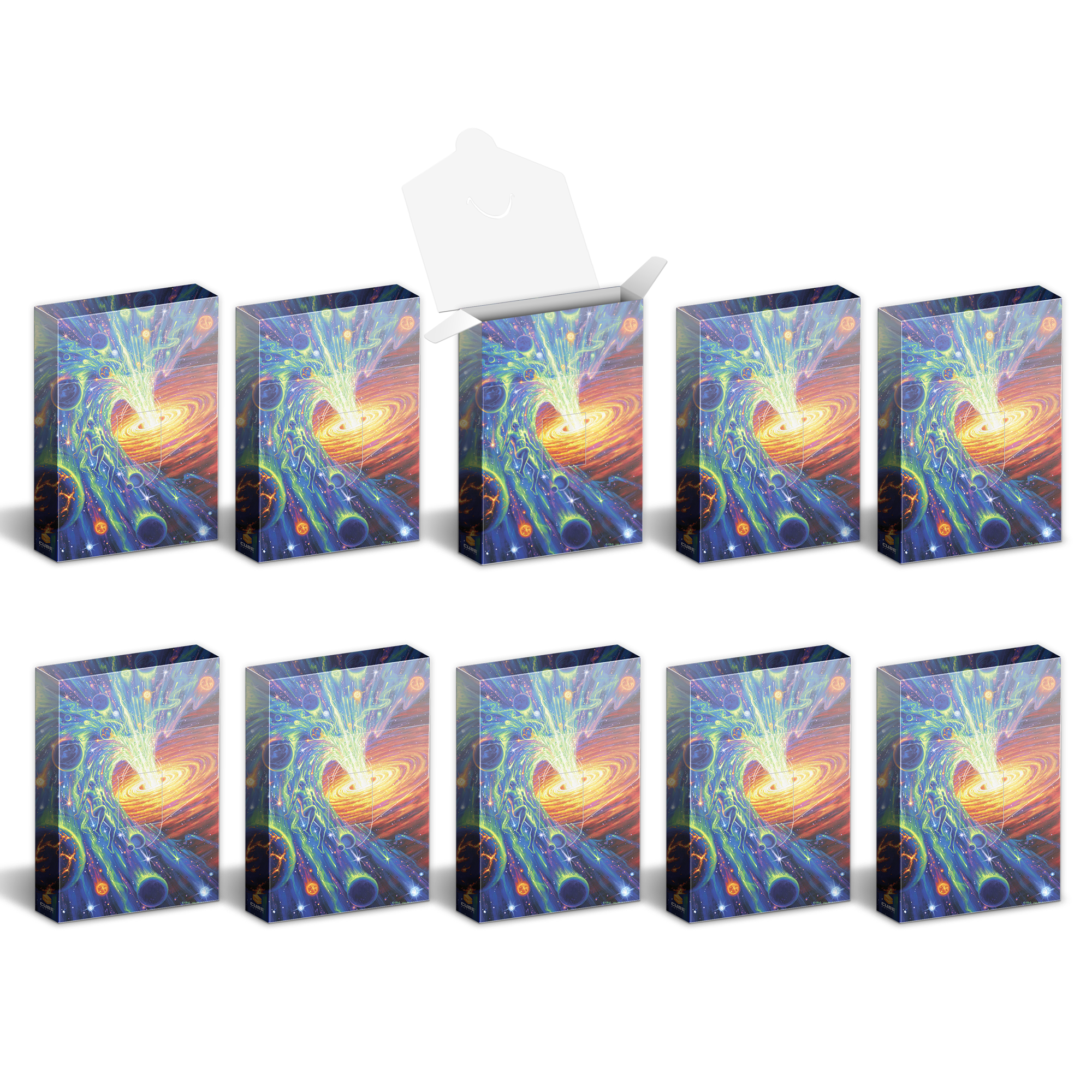 Ten vibrant boxes, one open, display abstract cosmic art: a swirling galaxy, planets, and nebulae