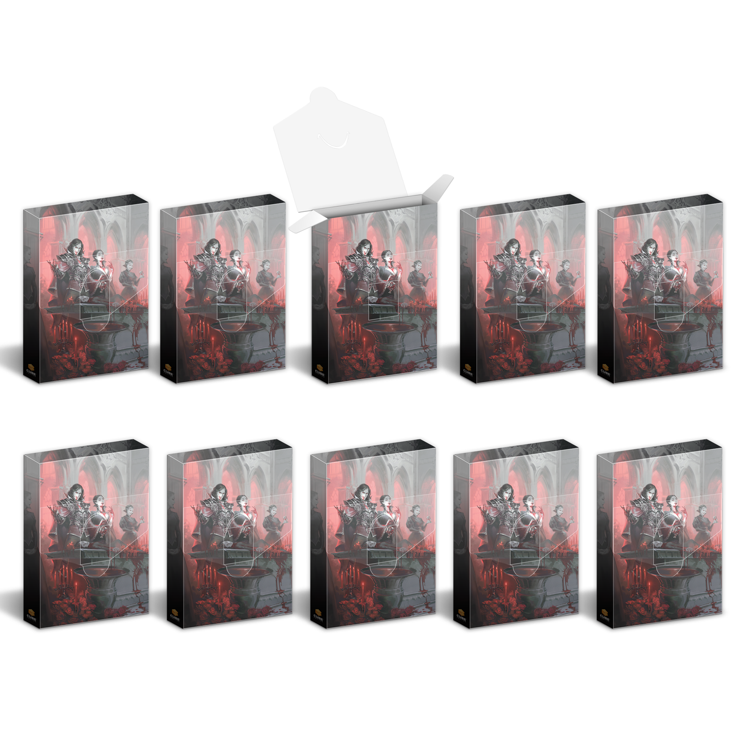 Ten boxes featuring gothic vampire artwork with a blood chalice; one box is open at the top