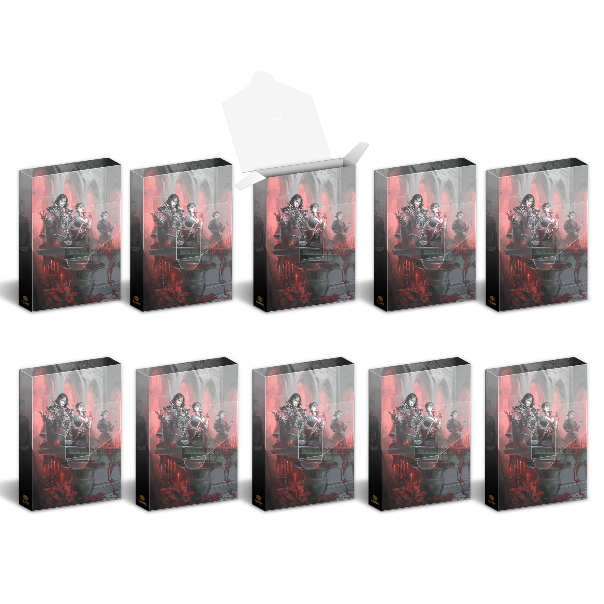 Ten boxes featuring gothic vampire artwork with a blood chalice; one box is open at the top
