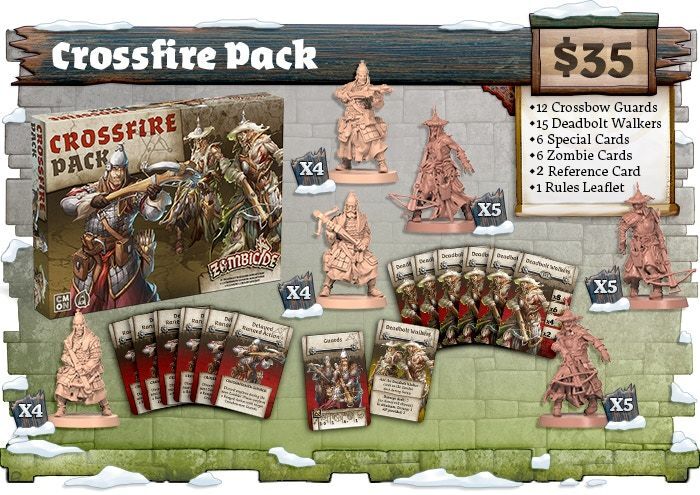 Showing crossbow guard miniatures, Deadbolt Walker figures, and game cards on a white background