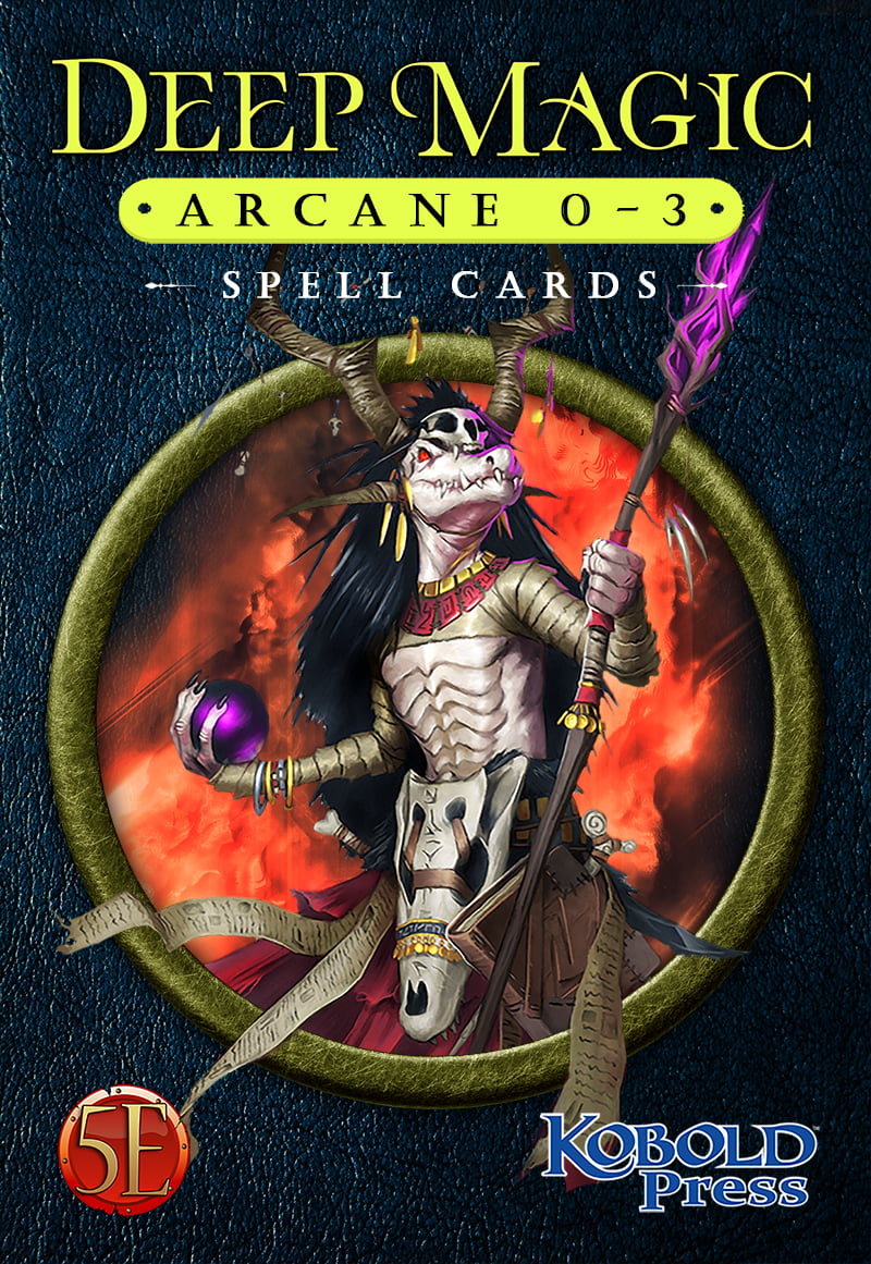 A dark blue cover for Deep Magic Arcane 0-3 Spell Cards features a horned skeletal figure holding a purple orb and staff within a gold circle against a fiery background