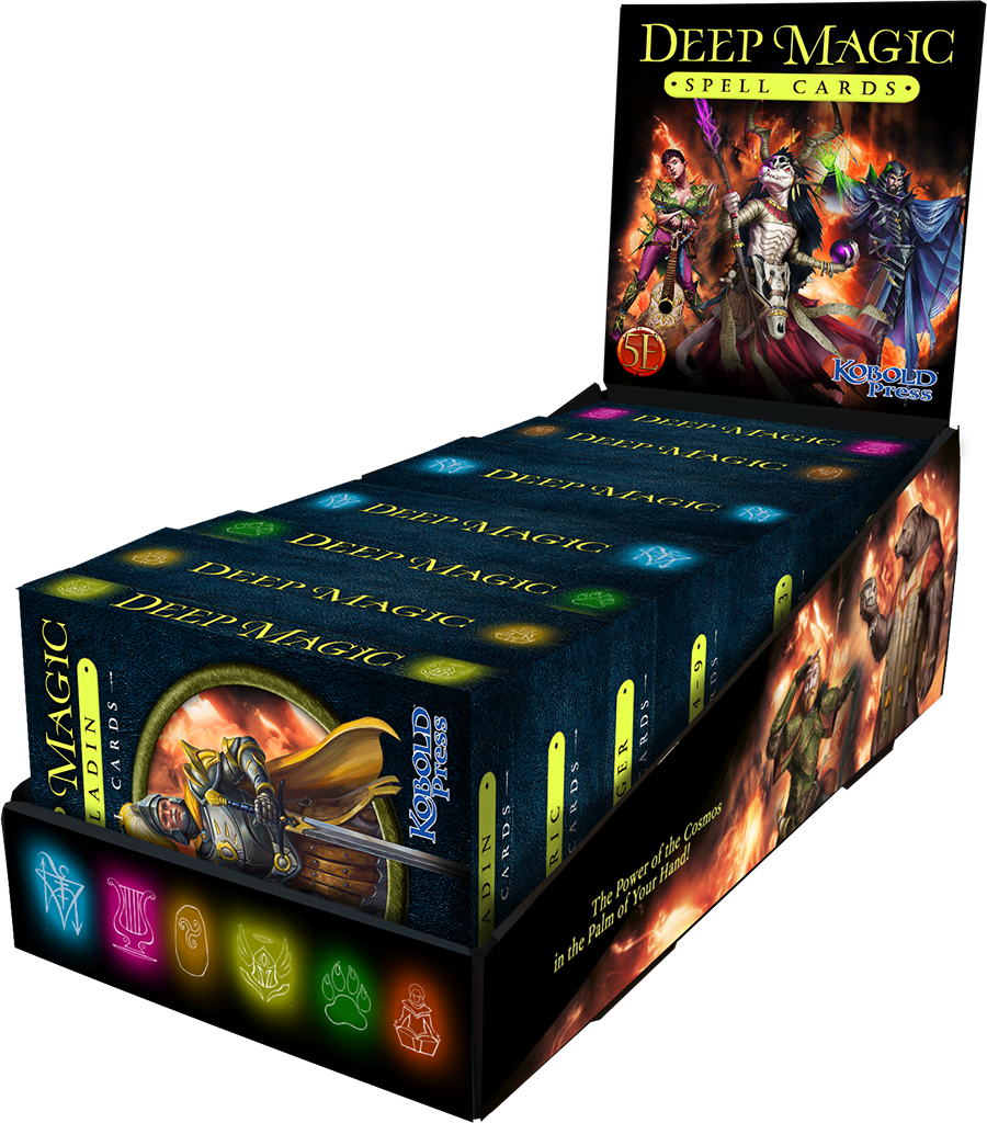 A display box of Deep Magic Spell Cards with a header showing fantasy characters and rows of card packs with glowing symbols