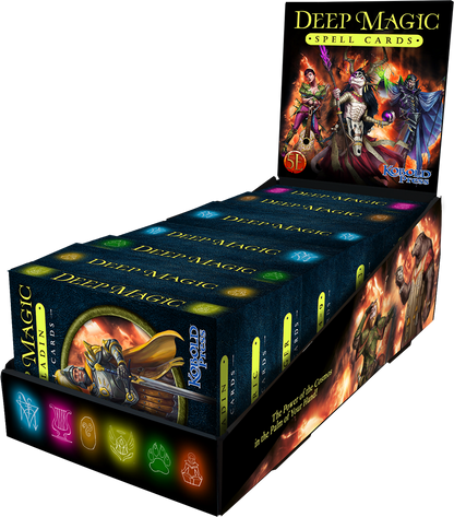 A display box of Deep Magic Spell Cards with a header showing fantasy characters and rows of card packs with glowing symbols