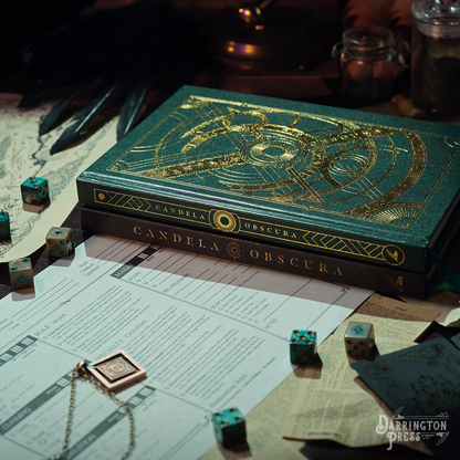Candela Obscura RPG game setup: stacked rulebooks (top green with gold art), character sheets, dice, and a pendant