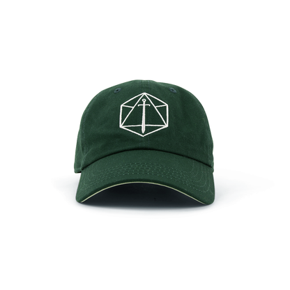 Dark green Critical Role Dad hat with a white embroidered sword inside a D12 dice outline