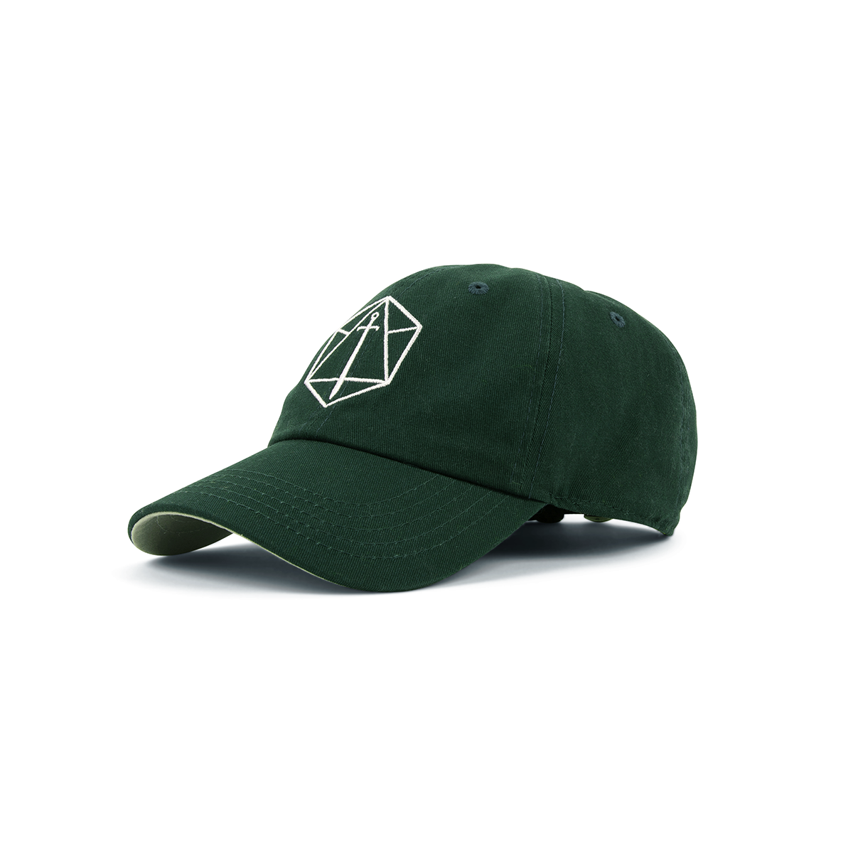 Dark green Critical Role Dad hat with white embroidered D20 die and sword design