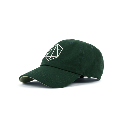 Dark green Critical Role Dad hat with white embroidered D20 die and sword design