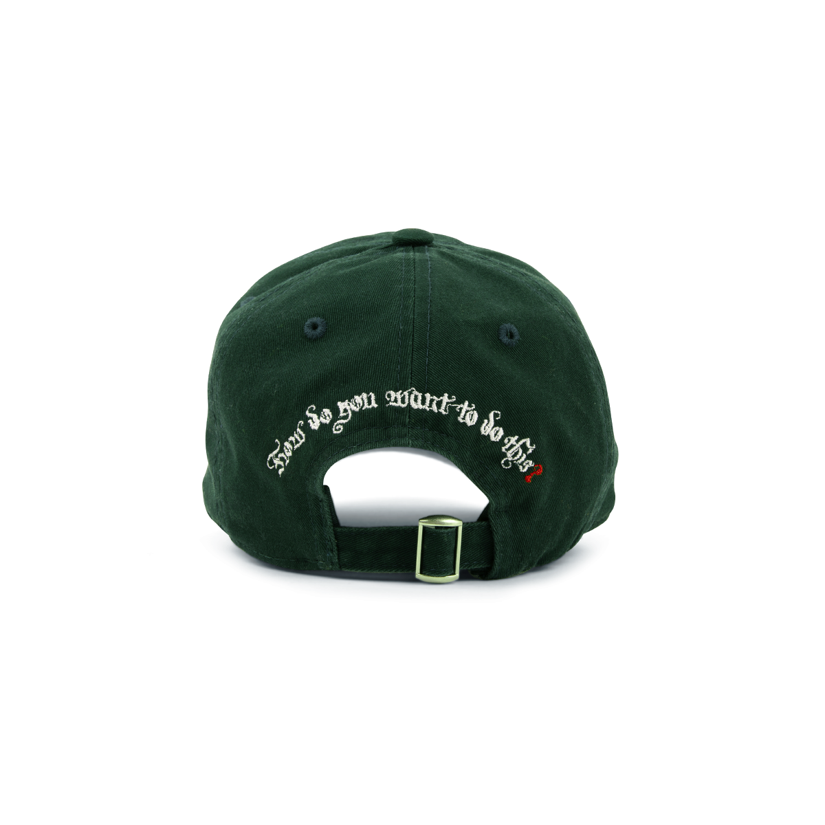 Back view of a dark green Critical Role Dad hat with white embroidered text "How do you want to do this?" and a red question mark