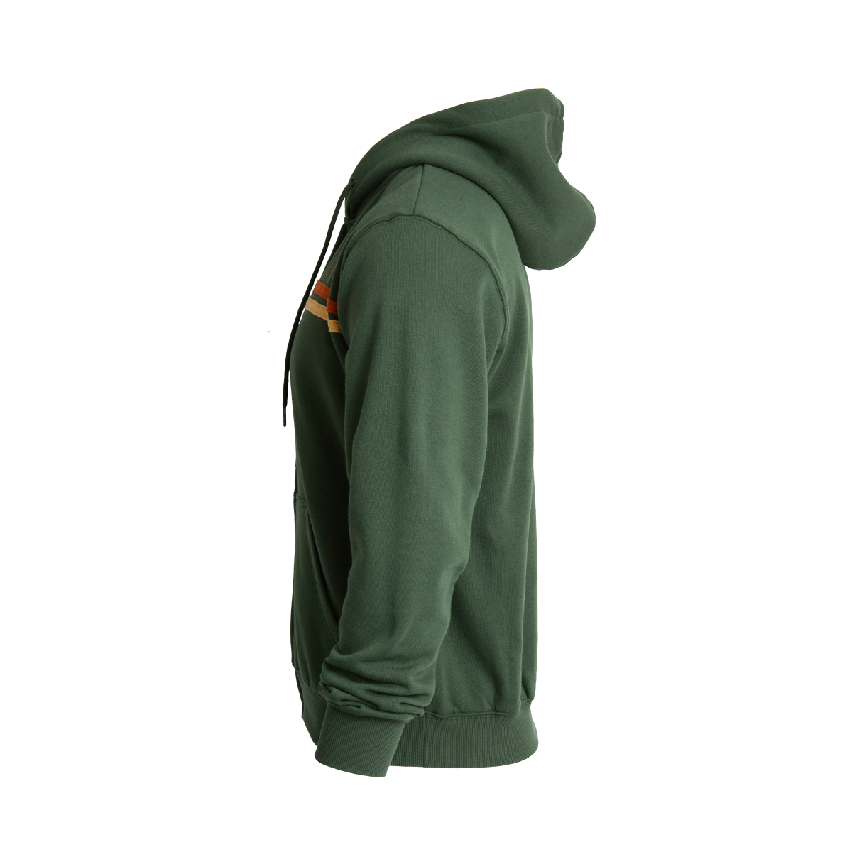 Forest green retro hoodie with hood, black drawstrings, and horizontal orange, brown, and cream stripes