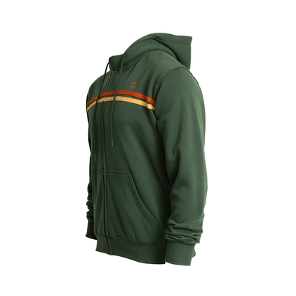 A dark green full-zip retro hoodie, featuring orange and yellow stripes across the chest and a small orange logo, displayed on white