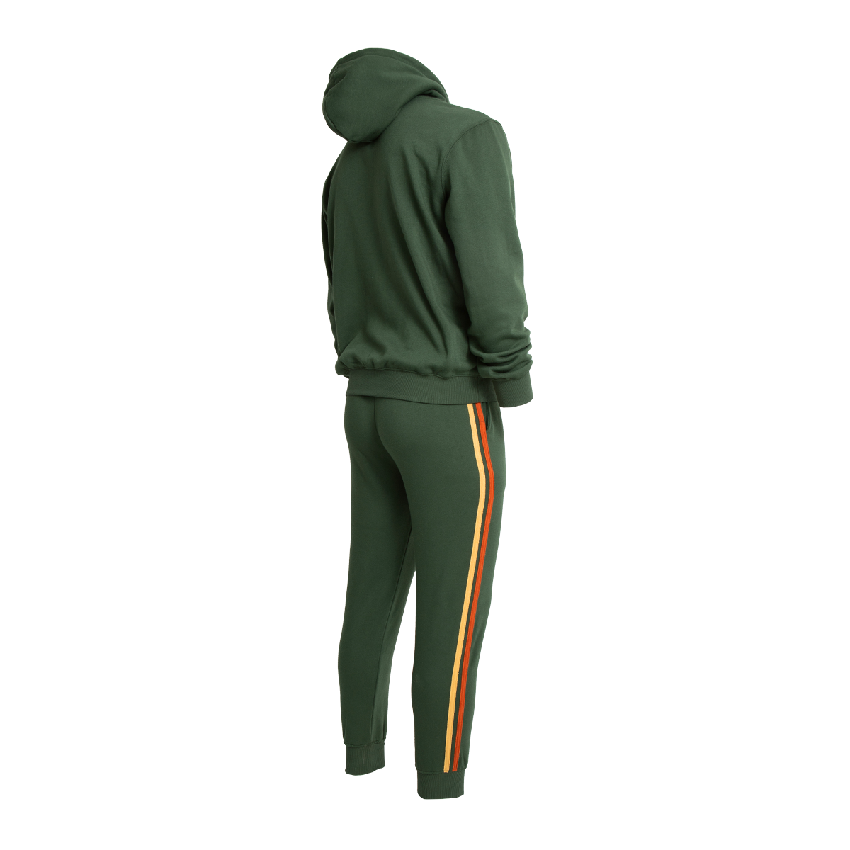 Forest green retro hoodie with yellow, orange, and red side stripes, viewed from the back