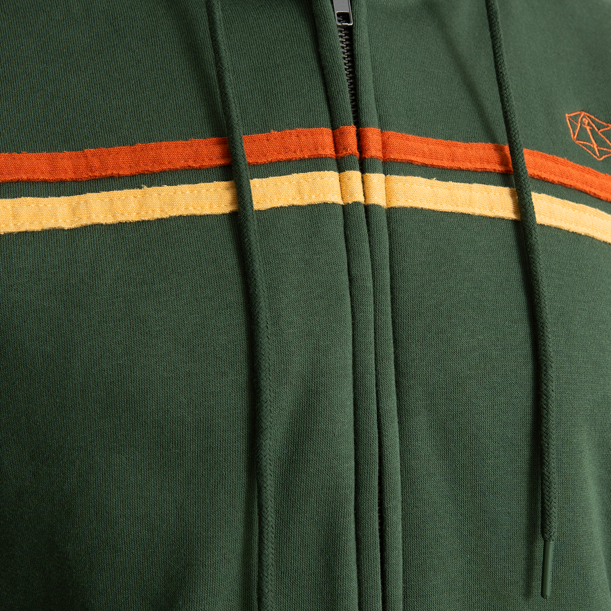 Dark green zip-up retro hoodie with horizontal orange and yellow stripes, a zipper, drawstring, and an orange geometric logo