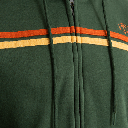 Dark green zip-up retro hoodie with horizontal orange and yellow stripes, a zipper, drawstring, and an orange geometric logo