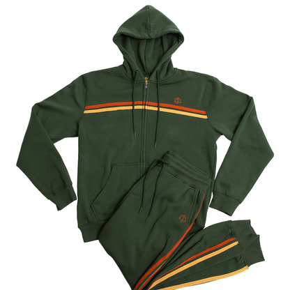 Dark green full-zip retro hoodie and matching sweatpants with orange/yellow stripes and a D20 logo