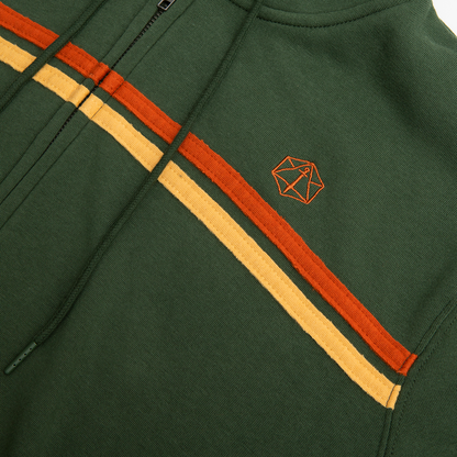 Dark green zippered retro hoodie with diagonal orange and yellow stripes, an embroidered orange geometric logo, and a drawstring