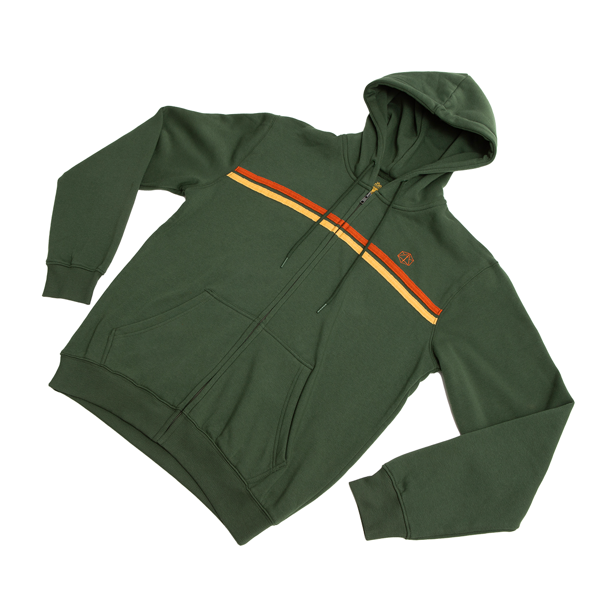 Dark green full-zip retro hoodie with orange and yellow stripes across the chest and a small geometric logo