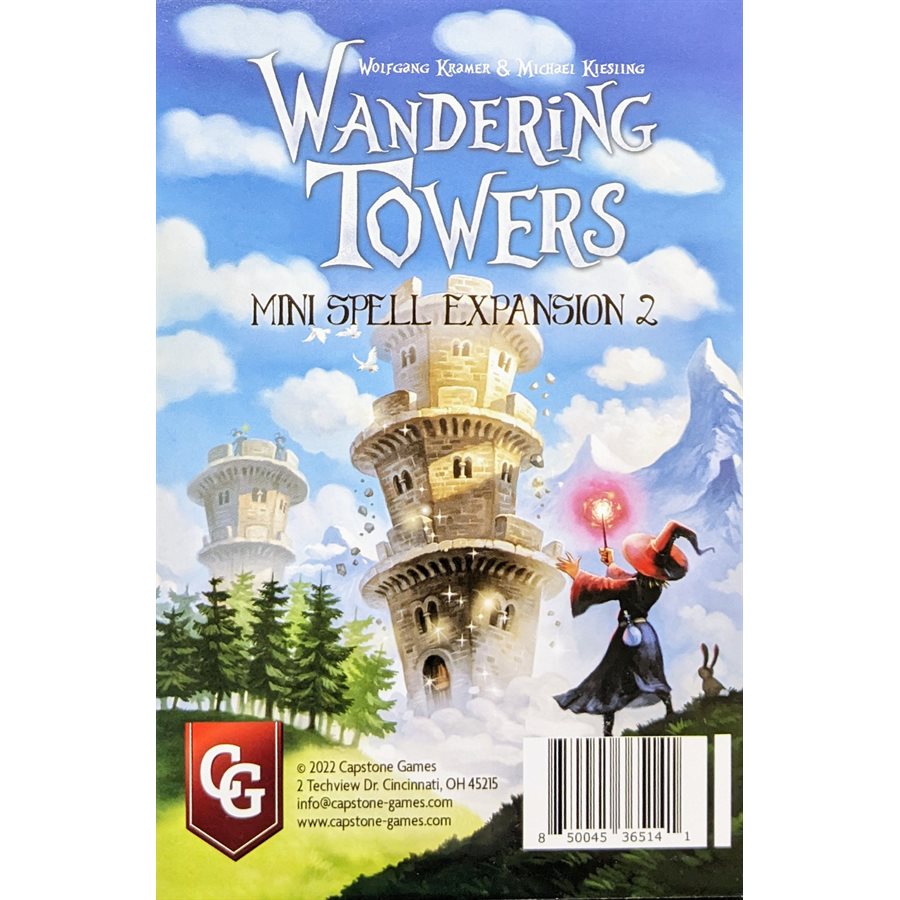 Wandering Towers Mini Spell Expansion 2 box art: A wizard casts a pink spell at a floating stone tower.