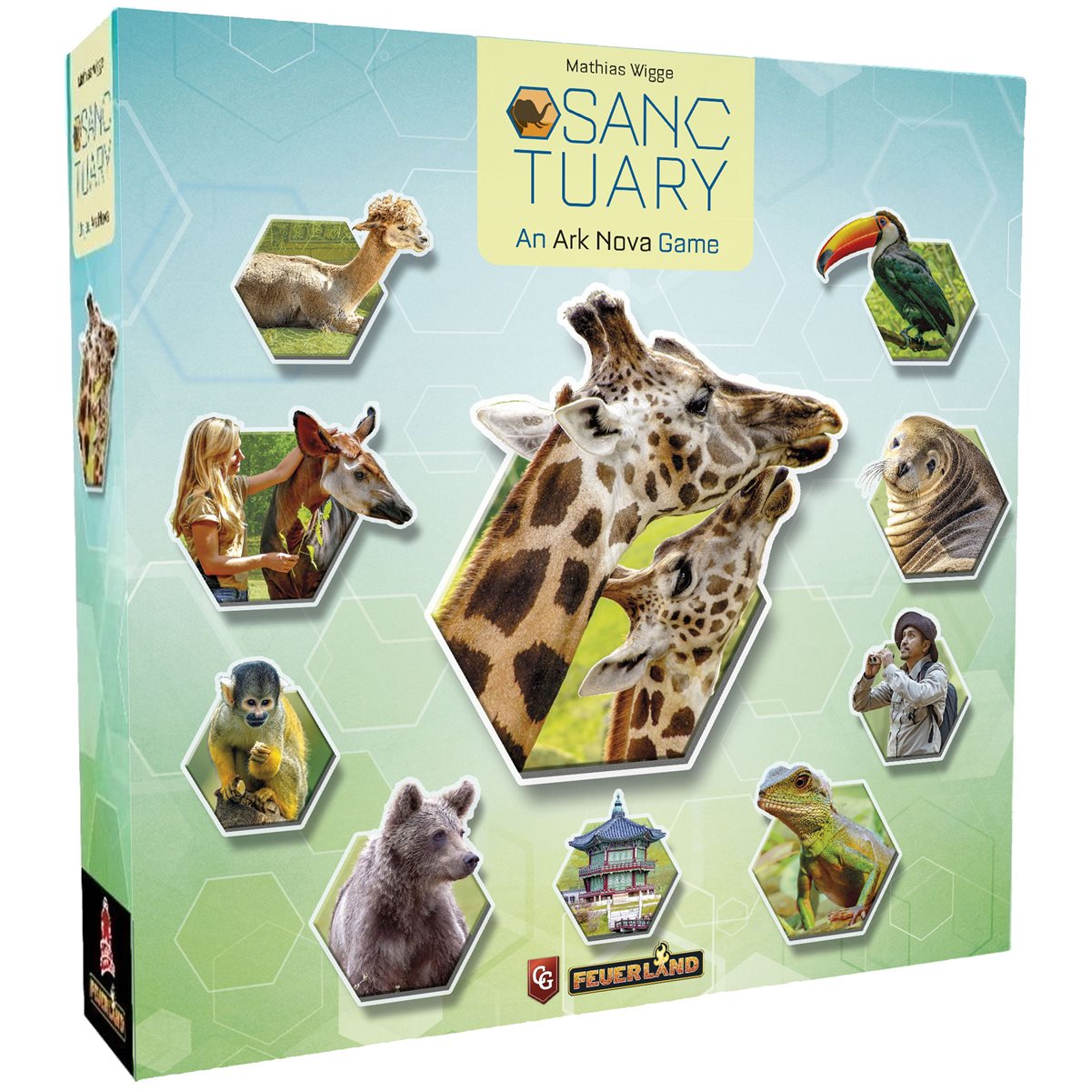 Sanctuary: An Ark Nova Game box cover, featuring two giraffes and a collage of diverse wildlife in hexagonal frames