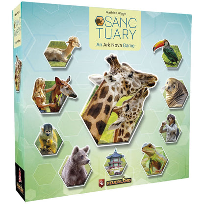 Sanctuary: An Ark Nova Game box cover, featuring two giraffes and a collage of diverse wildlife in hexagonal frames