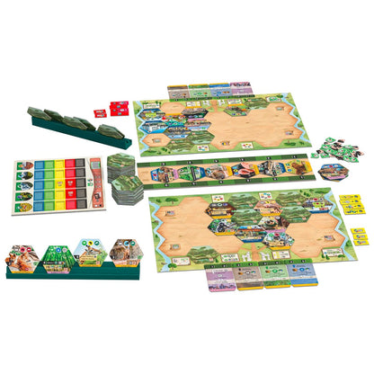 Tabletop strategy board game components laid out, showing modular maps, animal tiles, cards, and resource trays