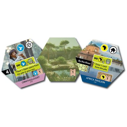 Three hexagonal board game tiles featuring an ornithologist, a river scene, and an African pavilion