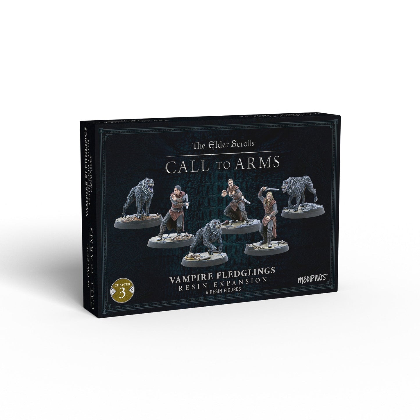 A dark box for The Elder Scrolls Call to Arms: Vampire Fledglings expansion, displaying 6 resin figures: 3 vampires and 3 monster hounds