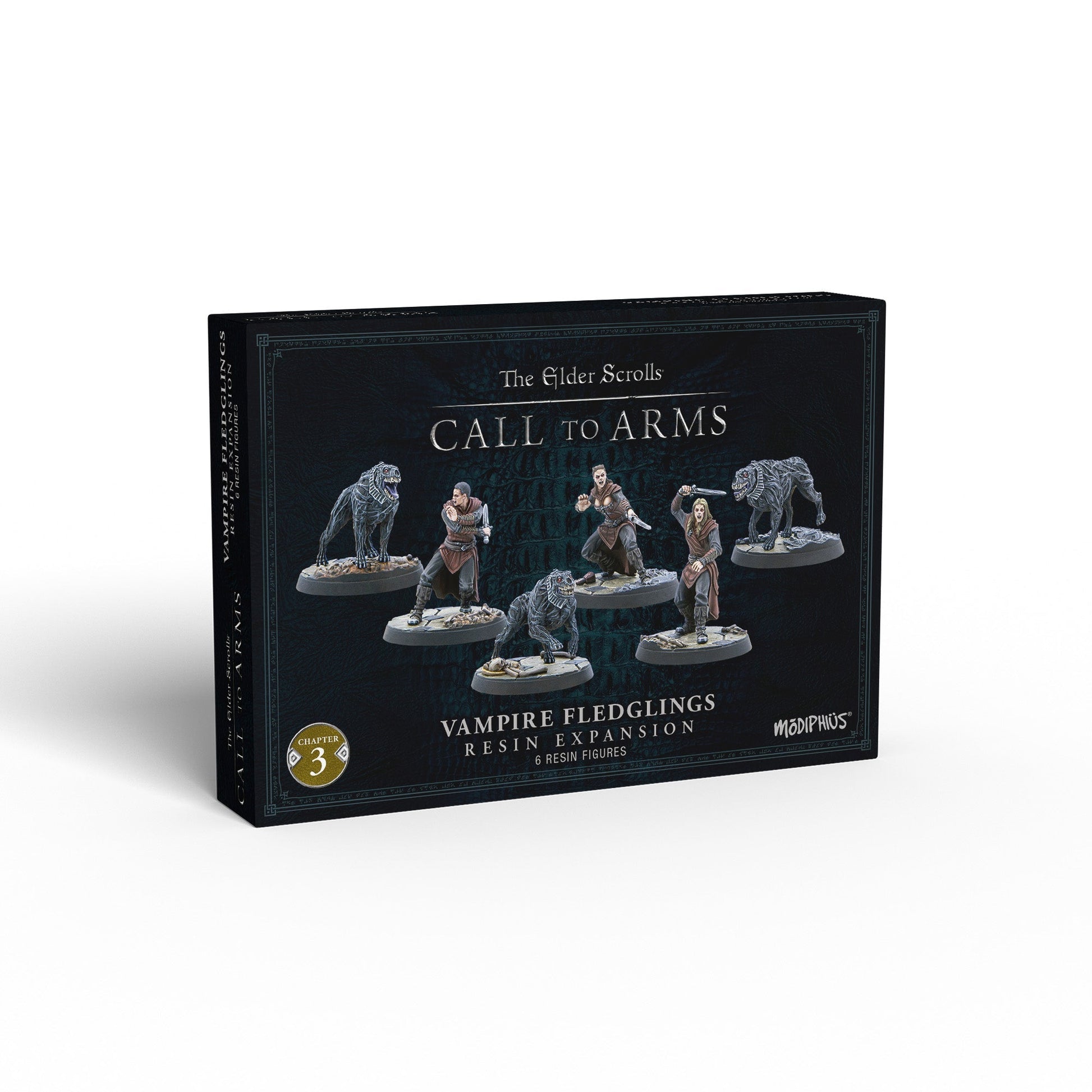 A dark box for The Elder Scrolls Call to Arms: Vampire Fledglings expansion, displaying 6 resin figures: 3 vampires and 3 monster hounds