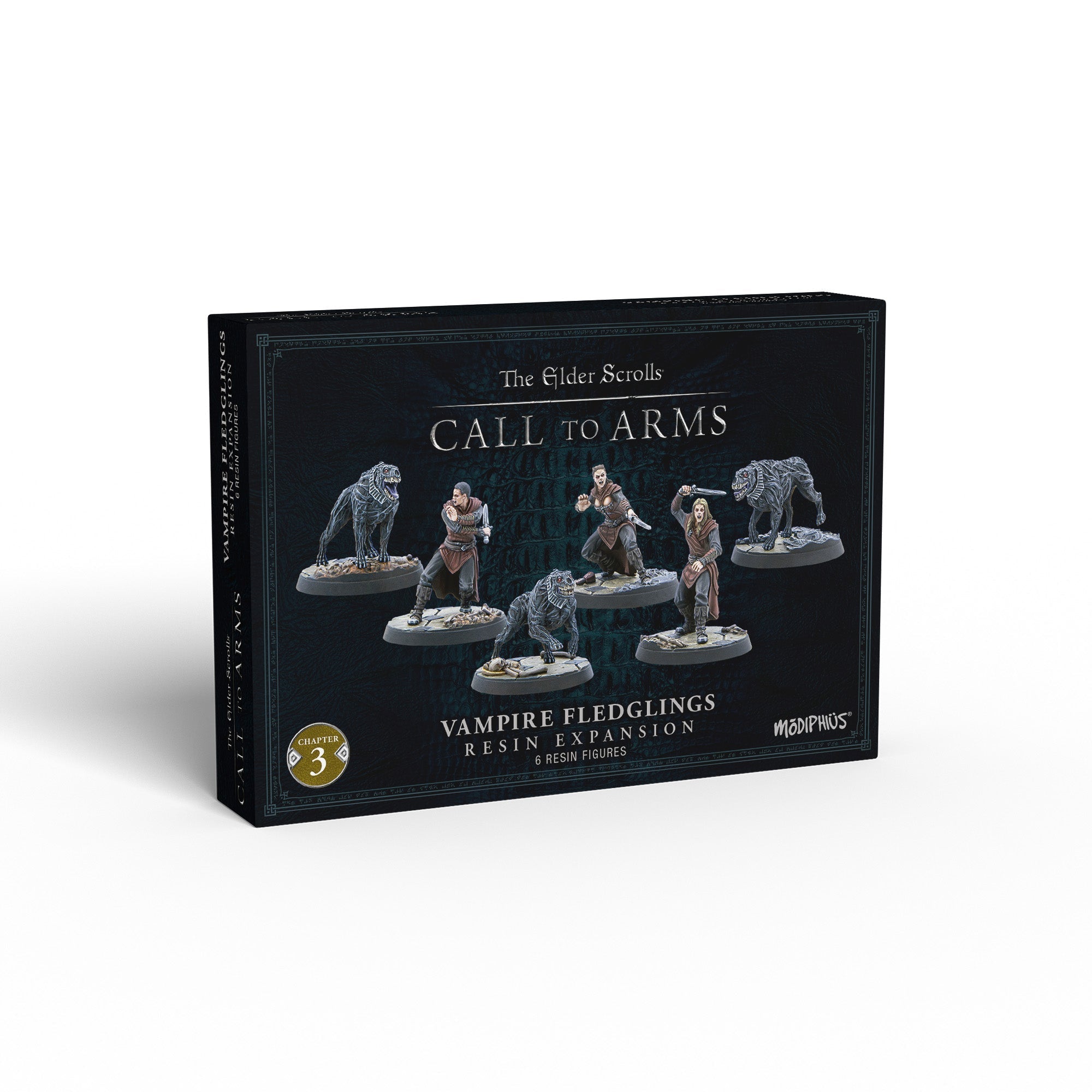 A dark box for The Elder Scrolls Call to Arms: Vampire Fledglings expansion, displaying 6 resin figures: 3 vampires and 3 monster hounds