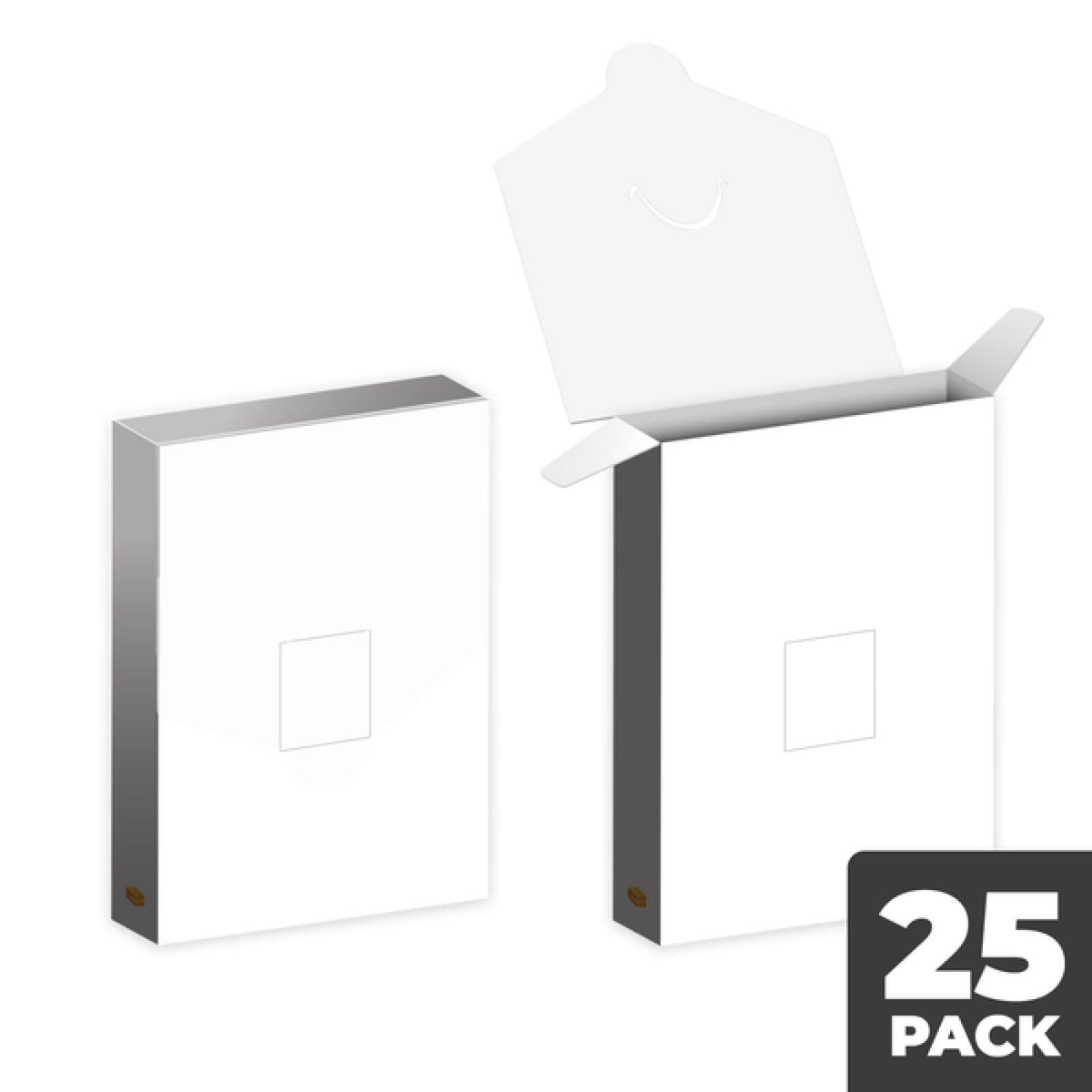Two blank white boxes, one closed, one open with a flap showing a handle cutout