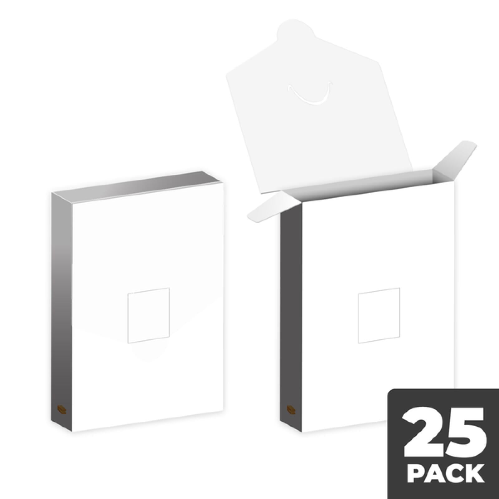 Two blank white boxes, one closed, one open with a flap showing a handle cutout