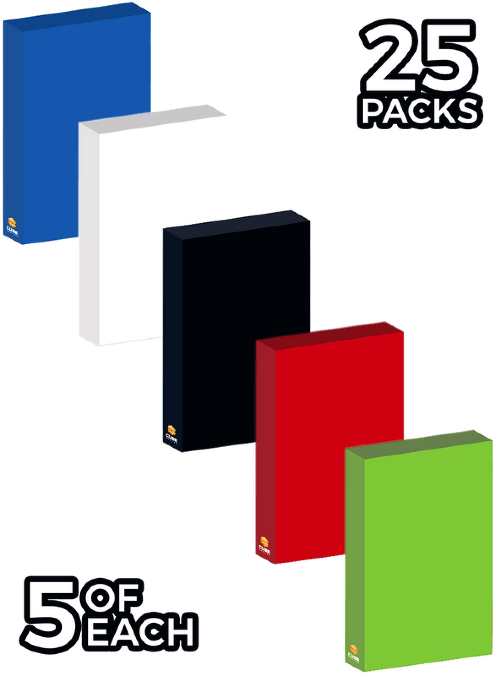 Five colorful packs (blue, white, black, red, green), 5 of each for a total of 25 packs
