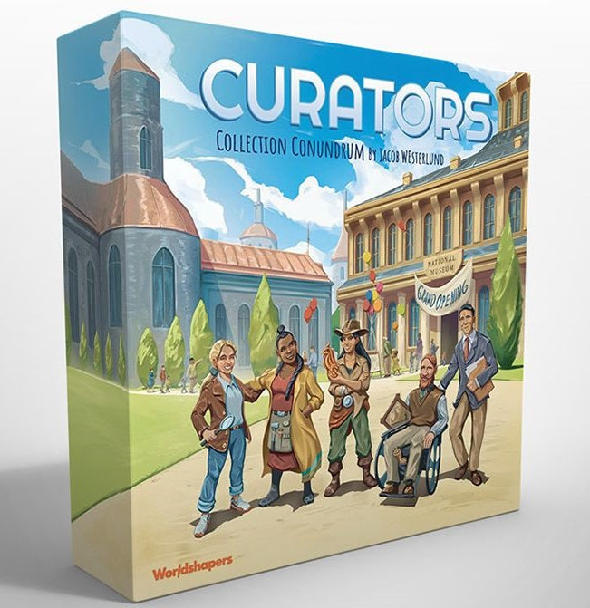 Curators game box with museum tools and logo on a white background