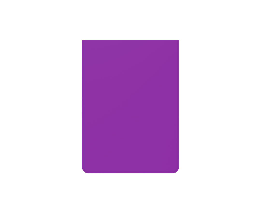 Vibrant purple card sleeve with rounded bottom corners stands upright on a grey surface, casting subtle shadows