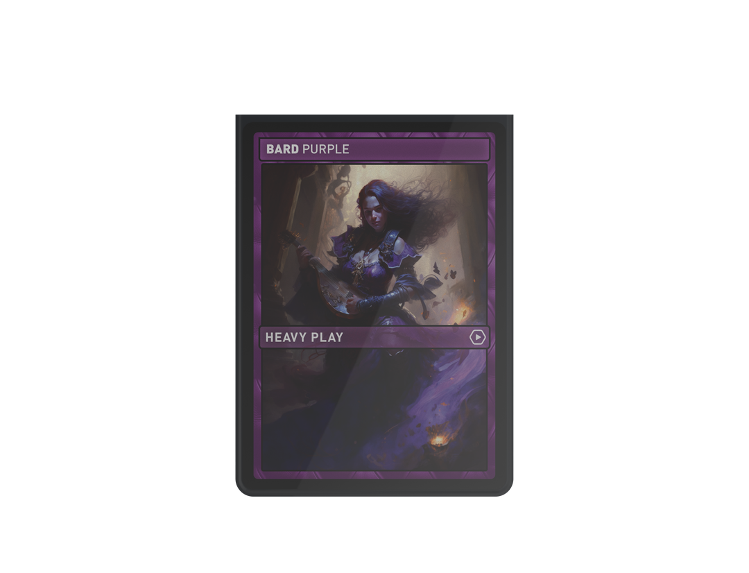 Purple fantasy card "Bard Purple" depicts a woman playing a lute, with text "Heavy Play"